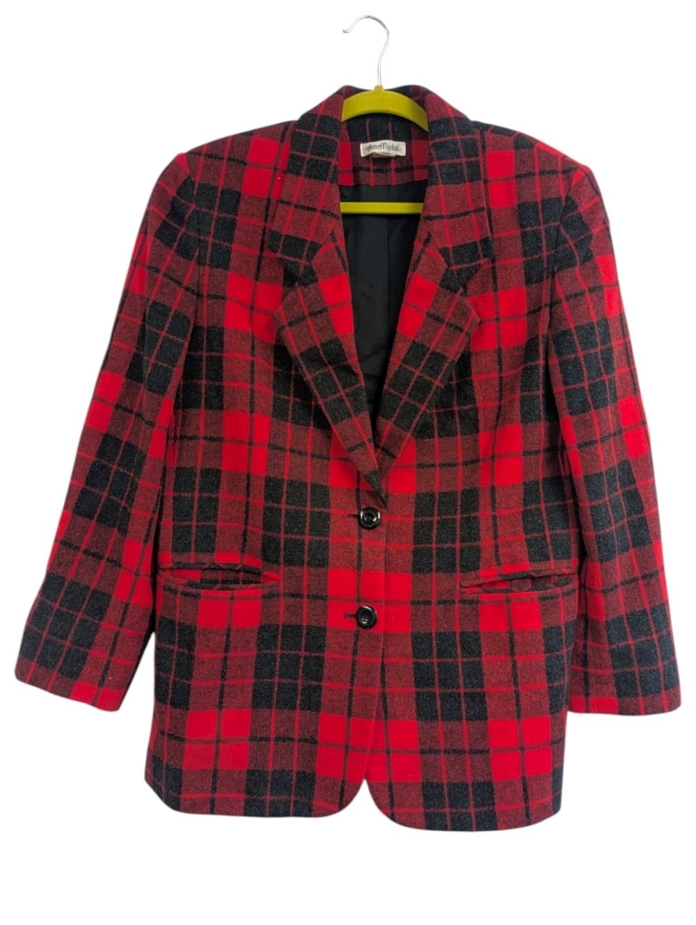 Ann Taylor Vintage Red Charcoal Gray Wool Blend Plaid Double Button Blazer. M